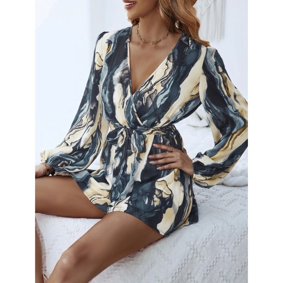 Marble Surplice Neck Belted Romper (XL-12) - Picture 2 of 11